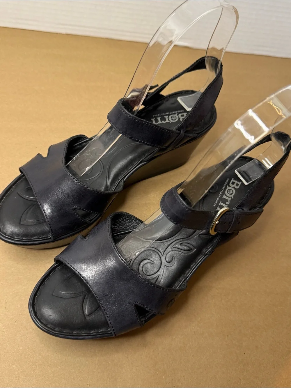 Born Black Leather T-Strap Wedge Sandals